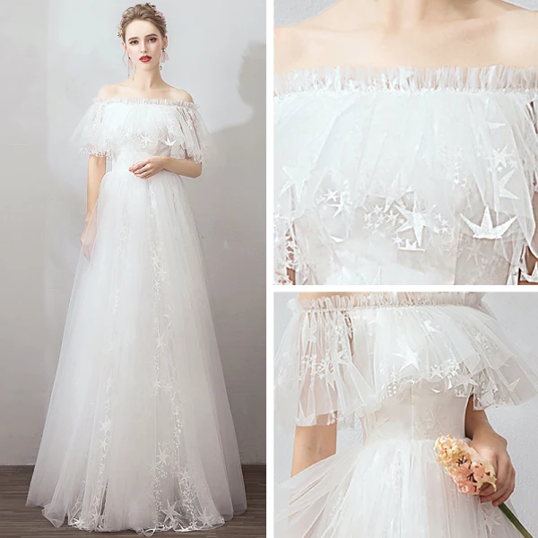 Abordable Ivoire Jardin / Extérieur Robe De Mariée 2019 Princesse De l'épaule Manches Courtes Dos Nu Étoile Appliques En Dentelle Longue Volants