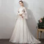 Affordable Champagne Outdoor / Garden Wedding Dresses 2019 A-Line / Princess See-through Square Neckline Bell sleeves Backless Spotted Tulle Sweep Train Ruffle