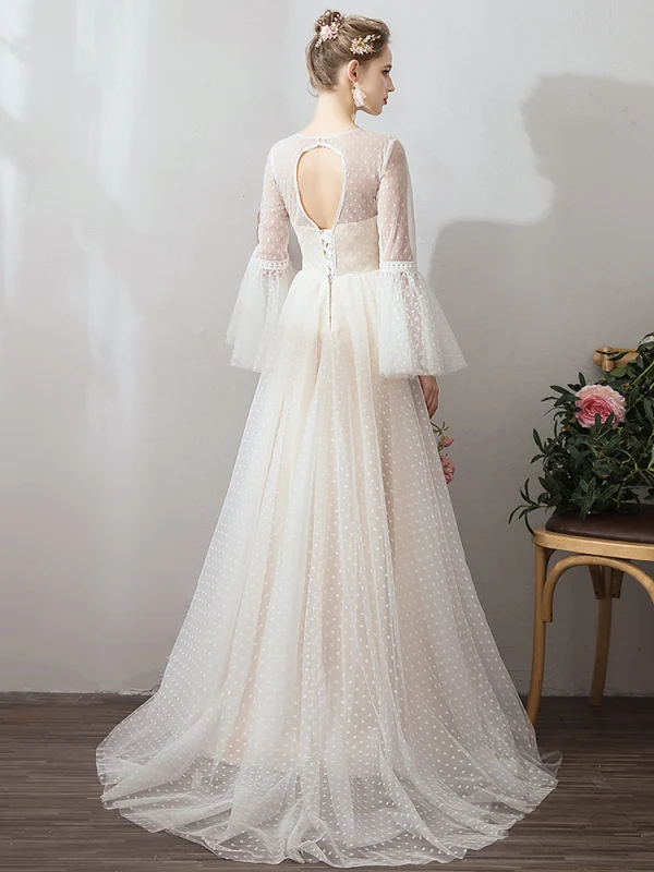 Affordable Champagne Outdoor / Garden Wedding Dresses 2019 A-Line / Princess See-through Square Neckline Bell sleeves Backless Spotted Tulle Sweep Train Ruffle