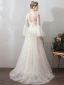 Affordable Champagne Outdoor / Garden Wedding Dresses 2019 A-Line / Princess See-through Square Neckline Bell sleeves Backless Spotted Tulle Sweep Train Ruffle