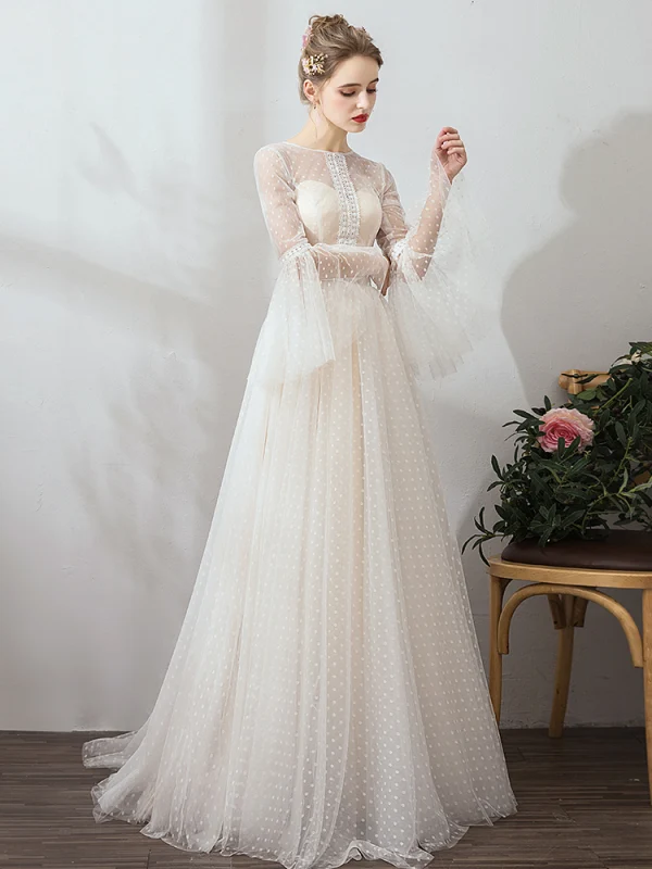 Affordable Champagne Outdoor / Garden Wedding Dresses 2019 A-Line / Princess See-through Square Neckline Bell sleeves Backless Spotted Tulle Sweep Train Ruffle