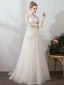 Affordable Champagne Outdoor / Garden Wedding Dresses 2019 A-Line / Princess See-through Square Neckline Bell sleeves Backless Spotted Tulle Sweep Train Ruffle