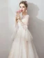 Affordable Champagne Outdoor / Garden Wedding Dresses 2019 A-Line / Princess See-through Square Neckline Bell sleeves Backless Spotted Tulle Sweep Train Ruffle