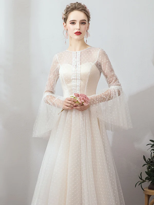 Affordable Champagne Outdoor / Garden Wedding Dresses 2019 A-Line / Princess See-through Square Neckline Bell sleeves Backless Spotted Tulle Sweep Train Ruffle