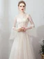 Affordable Champagne Outdoor / Garden Wedding Dresses 2019 A-Line / Princess See-through Square Neckline Bell sleeves Backless Spotted Tulle Sweep Train Ruffle