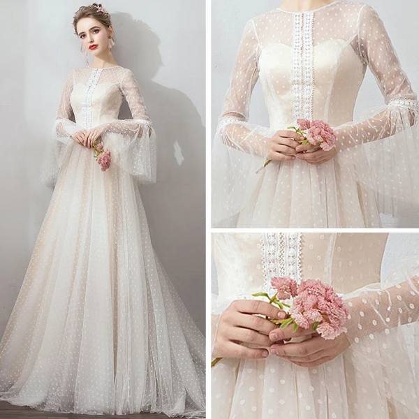 Affordable Champagne Outdoor / Garden Wedding Dresses 2019 A-Line / Princess See-through Square Neckline Bell sleeves Backless Spotted Tulle Sweep Train Ruffle