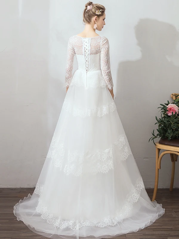 Erschwinglich Ivory / Creme Organza Garten / Im Freien Brautkleider / Hochzeitskleider 2019 Empire Eckiger Ausschnitt Kurze Ärmel 3/4 Ärmel Rückenfreies Applikationen Spitze Sweep / Pinsel Zug Rüschen