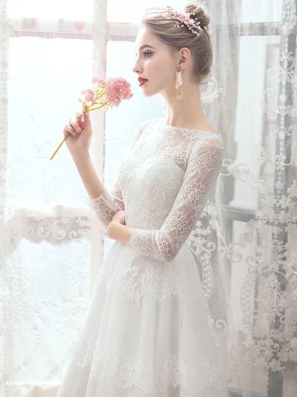 Erschwinglich Ivory / Creme Organza Garten / Im Freien Brautkleider / Hochzeitskleider 2019 Empire Eckiger Ausschnitt Kurze Ärmel 3/4 Ärmel Rückenfreies Applikationen Spitze Sweep / Pinsel Zug Rüschen