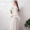 Modest / Simple Ivory Chiffon Beach Wedding Dresses 2019 A-Line / Princess See-through High Neck Bell sleeves Spotted Tulle Floor-Length / Long