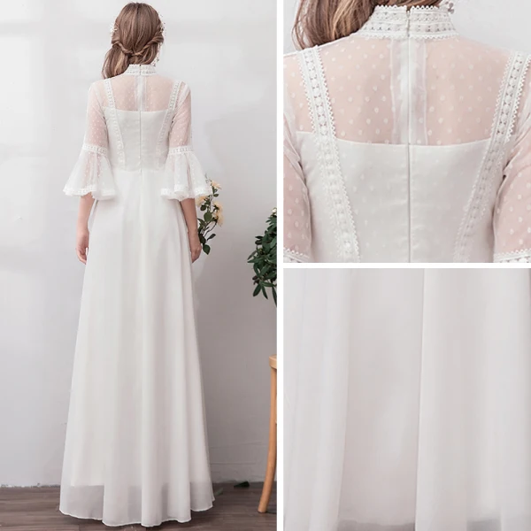 Simple Ivoire Chiffon Plage Robe De Mariée 2019 Princesse Transparentes Col Haut Manches de cloche Tachetée Tulle Longue