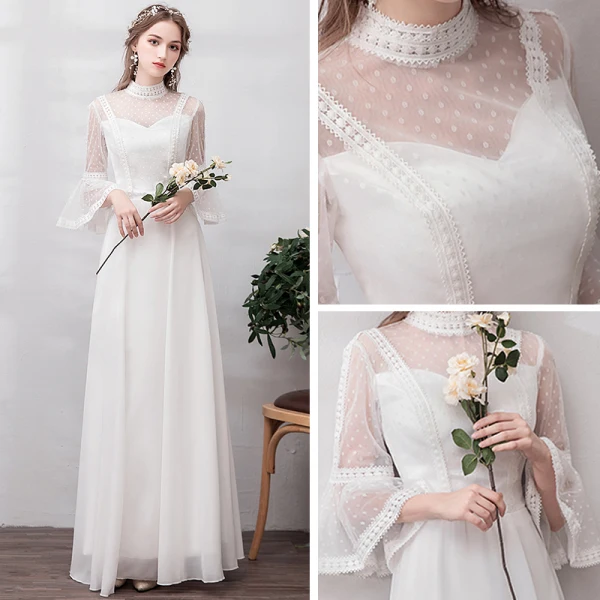 Simple Ivoire Chiffon Plage Robe De Mariée 2019 Princesse Transparentes Col Haut Manches de cloche Tachetée Tulle Longue