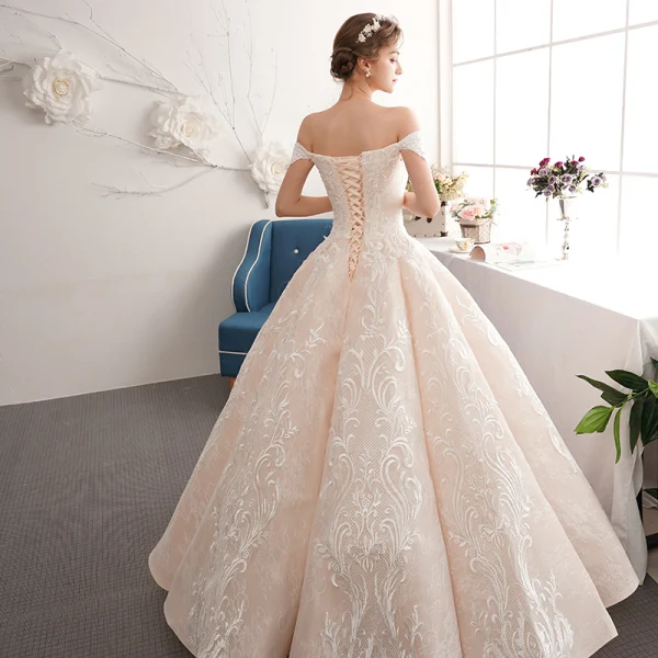 Best Champagne Wedding Dresses 2019 A-Line / Princess Off-The-Shoulder Short Sleeve Appliques Backless Beading Lace Floor-Length / Long Ruffle
