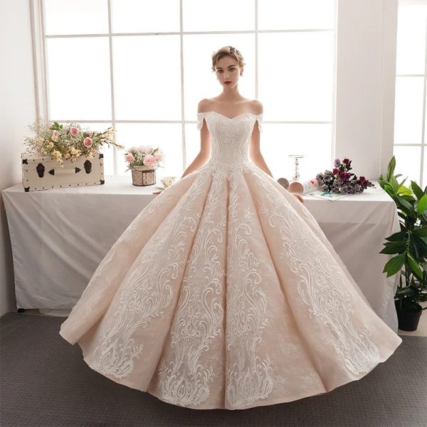 Best Champagne Wedding Dresses 2019 A-Line / Princess Off-The-Shoulder Short Sleeve Appliques Backless Beading Lace Floor-Length / Long Ruffle