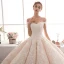 Best Champagne Wedding Dresses 2019 A-Line / Princess Off-The-Shoulder Short Sleeve Appliques Backless Beading Lace Floor-Length / Long Ruffle