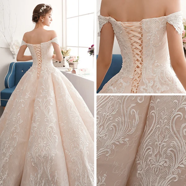 Best Champagne Wedding Dresses 2019 A-Line / Princess Off-The-Shoulder Short Sleeve Appliques Backless Beading Lace Floor-Length / Long Ruffle
