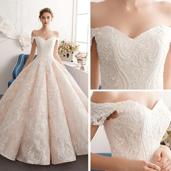 Best Champagne Wedding Dresses 2019 A-Line / Princess Off-The-Shoulder Short Sleeve Appliques Backless Beading Lace Floor-Length / Long Ruffle