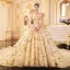 Luxus / Herrlich Gold Brautkleider / Hochzeitskleider 2019 A Linie Off Shoulder Kurze Ärmel Rückenfreies Glanz Pailletten Star Kathedrale Schleppe Rüschen