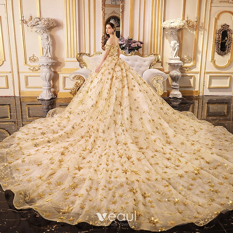 Luxurious 2022 Dubai Golden Gold Wedding Dress With Illusion Neckline,  Royal Train, And Vintage Glitter Sequins Customizable From Sexybride,  $343.16 | DHgate.Com