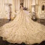 Luxus / Herrlich Gold Brautkleider / Hochzeitskleider 2019 A Linie Off Shoulder Kurze Ärmel Rückenfreies Glanz Pailletten Star Kathedrale Schleppe Rüschen
