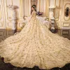 Luxury / Gorgeous Gold Wedding Dresses 2019 A-Line / Princess Off-The-Shoulder Short Sleeve Backless Glitter Sequins Star Cathedral Train Ruffle