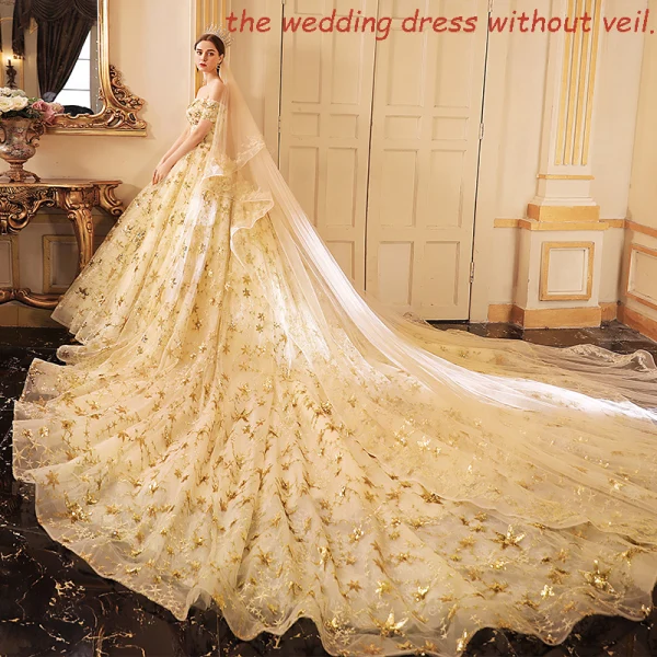 gold star wedding dress Sparkly Moon Star Lace Wedding Dresses Flare Sleeve ZW468 -
