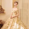 Luxury / Gorgeous Gold Wedding Dresses 2019 A-Line / Princess Off-The-Shoulder Short Sleeve Backless Glitter Sequins Star Cathedral Train Ruffle
