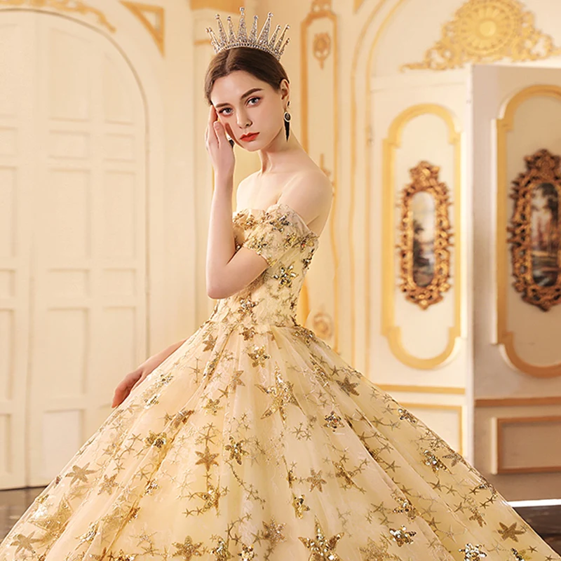 slim fit dress slacks Classy Strapless Lace Gold Wedding Dress Ball Gown Wedding Dress main image 1