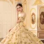 Luxus / Herrlich Gold Brautkleider / Hochzeitskleider 2019 A Linie Off Shoulder Kurze Ärmel Rückenfreies Glanz Pailletten Star Kathedrale Schleppe Rüschen