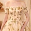 Luxus / Herrlich Gold Brautkleider / Hochzeitskleider 2019 A Linie Off Shoulder Kurze Ärmel Rückenfreies Glanz Pailletten Star Kathedrale Schleppe Rüschen