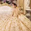 Luxus / Herrlich Gold Brautkleider / Hochzeitskleider 2019 A Linie Off Shoulder Kurze Ärmel Rückenfreies Glanz Pailletten Star Kathedrale Schleppe Rüschen
