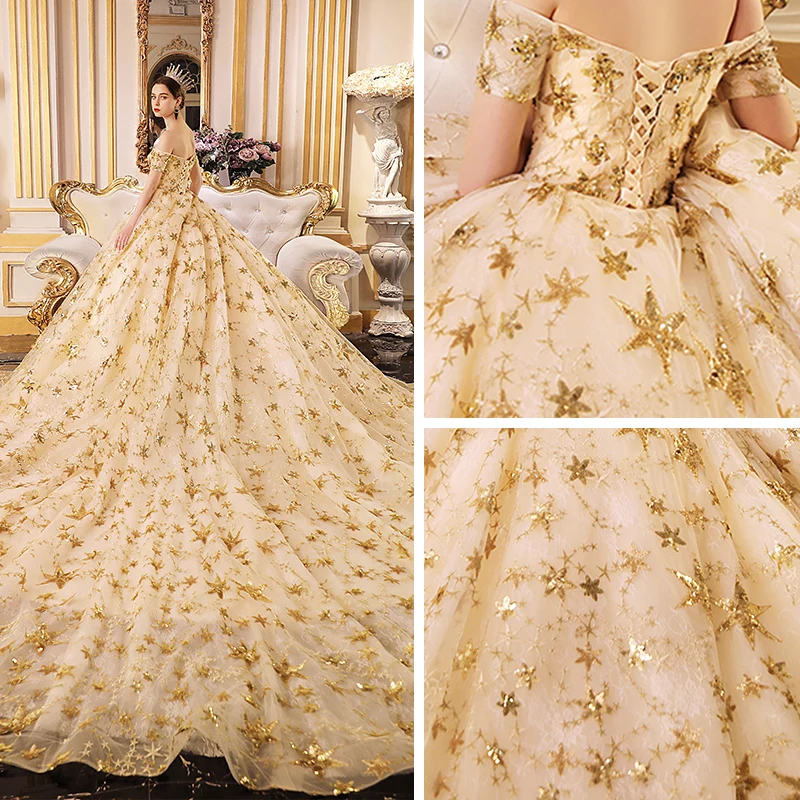 Luxury Gorgeous Gold Wedding Dresses 2019 A Line Princess Off The Shoulder  Short Sleeve Backless Glitter Sequins Star Cathedral Train Ruffle