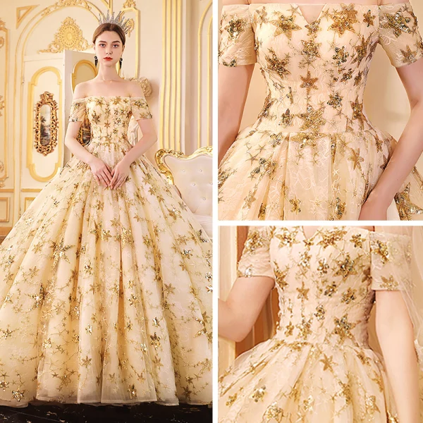 Luxus / Herrlich Gold Brautkleider / Hochzeitskleider 2019 A Linie Off Shoulder Kurze Ärmel Rückenfreies Glanz Pailletten Star Kathedrale Schleppe Rüschen