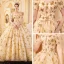 Luxus / Herrlich Gold Brautkleider / Hochzeitskleider 2019 A Linie Off Shoulder Kurze Ärmel Rückenfreies Glanz Pailletten Star Kathedrale Schleppe Rüschen