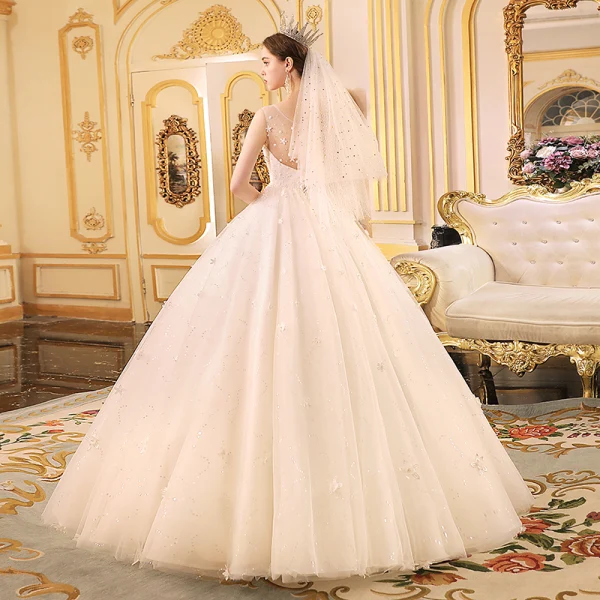 Chic / Beautiful Ivory See-through Outdoor / Garden Wedding Dresses 2019 A-Line / Princess Scoop Neck Sleeveless Backless Appliques Flower Beading Glitter Tulle Floor-Length / Long
