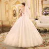 Chic / Beautiful Ivory See-through Outdoor / Garden Wedding Dresses 2019 A-Line / Princess Scoop Neck Sleeveless Backless Appliques Flower Beading Glitter Tulle Floor-Length / Long
