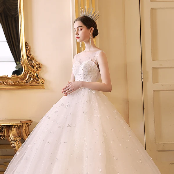 Chic / Beautiful Ivory See-through Outdoor / Garden Wedding Dresses 2019 A-Line / Princess Scoop Neck Sleeveless Backless Appliques Flower Beading Glitter Tulle Floor-Length / Long