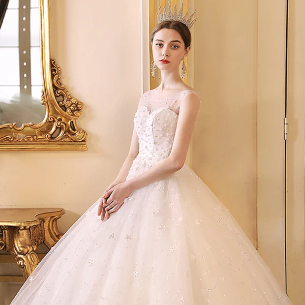 Chic / Beautiful Ivory See-through Outdoor / Garden Wedding Dresses 2019 A-Line / Princess Scoop Neck Sleeveless Backless Appliques Flower Beading Glitter Tulle Floor-Length / Long