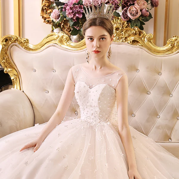 Chic / Beautiful Ivory See-through Outdoor / Garden Wedding Dresses 2019 A-Line / Princess Scoop Neck Sleeveless Backless Appliques Flower Beading Glitter Tulle Floor-Length / Long