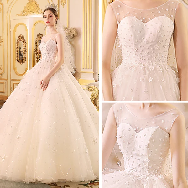 Chic / Beautiful Ivory See-through Outdoor / Garden Wedding Dresses 2019 A-Line / Princess Scoop Neck Sleeveless Backless Appliques Flower Beading Glitter Tulle Floor-Length / Long