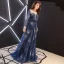 Gwiaździste Niebo Granatowe Przezroczyste Sukienki Wieczorowe 2019 Princessa Wycięciem 3/4 Rękawy Rhinestone Cekinami Tiulowe Trenem Sweep Wzburzyć Bez Pleców Sukienki Wizytowe