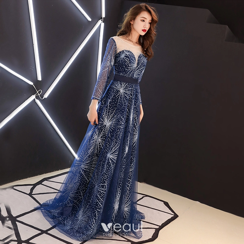 Ciel etoile Bleu Marine Transparentes Robe De Soiree 2019 Princesse Encolure Degagee 3 4 Manches Faux Diamant Glitter Tulle Train De Balayage Volants Dos Nu Robe De Ceremonie