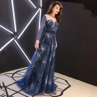 Gwiaździste Niebo Granatowe Przezroczyste Sukienki Wieczorowe 2019 Princessa Wycięciem 3/4 Rękawy Rhinestone Cekinami Tiulowe Trenem Sweep Wzburzyć Bez Pleców Sukienki Wizytowe