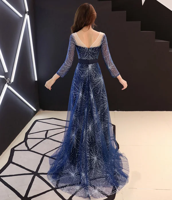 Gwiaździste Niebo Granatowe Przezroczyste Sukienki Wieczorowe 2019 Princessa Wycięciem 3/4 Rękawy Rhinestone Cekinami Tiulowe Trenem Sweep Wzburzyć Bez Pleców Sukienki Wizytowe