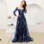 Gwiaździste Niebo Granatowe Przezroczyste Sukienki Wieczorowe 2019 Princessa Wycięciem 3/4 Rękawy Rhinestone Cekinami Tiulowe Trenem Sweep Wzburzyć Bez Pleców Sukienki Wizytowe