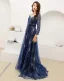 Gwiaździste Niebo Granatowe Przezroczyste Sukienki Wieczorowe 2019 Princessa Wycięciem 3/4 Rękawy Rhinestone Cekinami Tiulowe Trenem Sweep Wzburzyć Bez Pleców Sukienki Wizytowe