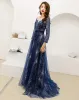 Starry Sky Navy Blue See-through Evening Dresses  2019 A-Line / Princess Scoop Neck 3/4 Sleeve Rhinestone Glitter Tulle Sweep Train Ruffle Backless Formal Dresses