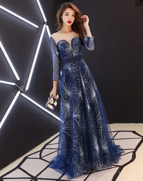 Gwiaździste Niebo Granatowe Przezroczyste Sukienki Wieczorowe 2019 Princessa Wycięciem 3/4 Rękawy Rhinestone Cekinami Tiulowe Trenem Sweep Wzburzyć Bez Pleców Sukienki Wizytowe