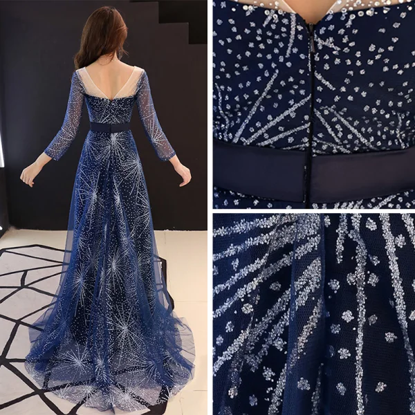 Gwiaździste Niebo Granatowe Przezroczyste Sukienki Wieczorowe 2019 Princessa Wycięciem 3/4 Rękawy Rhinestone Cekinami Tiulowe Trenem Sweep Wzburzyć Bez Pleców Sukienki Wizytowe
