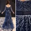 Gwiaździste Niebo Granatowe Przezroczyste Sukienki Wieczorowe 2019 Princessa Wycięciem 3/4 Rękawy Rhinestone Cekinami Tiulowe Trenem Sweep Wzburzyć Bez Pleców Sukienki Wizytowe