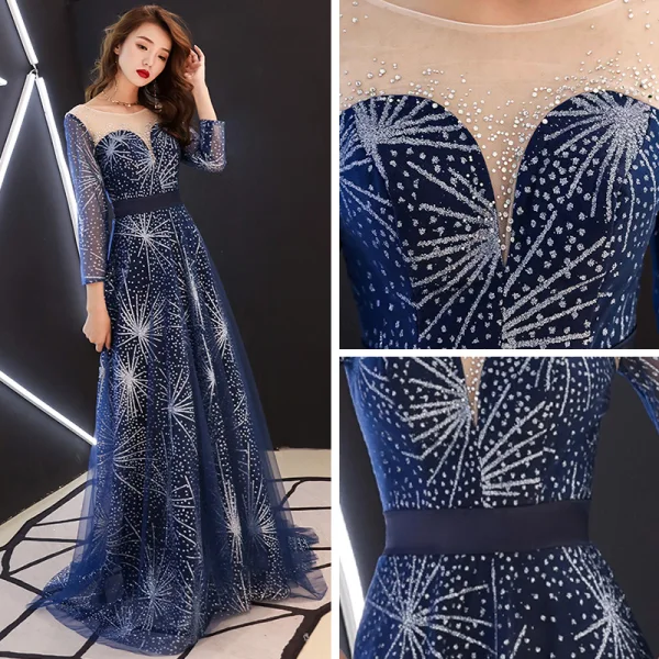 Gwiaździste Niebo Granatowe Przezroczyste Sukienki Wieczorowe 2019 Princessa Wycięciem 3/4 Rękawy Rhinestone Cekinami Tiulowe Trenem Sweep Wzburzyć Bez Pleców Sukienki Wizytowe